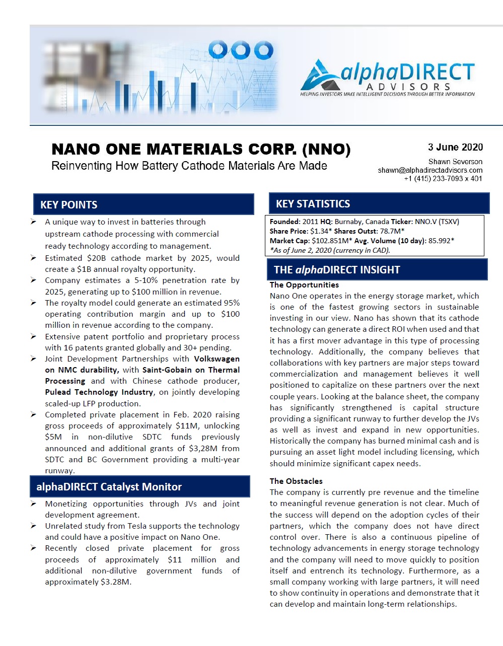 alphaDIRECT Advisors Reviews Nano One Materials’ Strategic Drivers in Overview Report 

