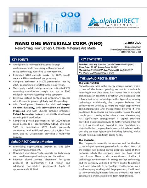 alphaDIRECT Advisors Reviews Nano One Materials’ Strategic Drivers in Overview Report 

