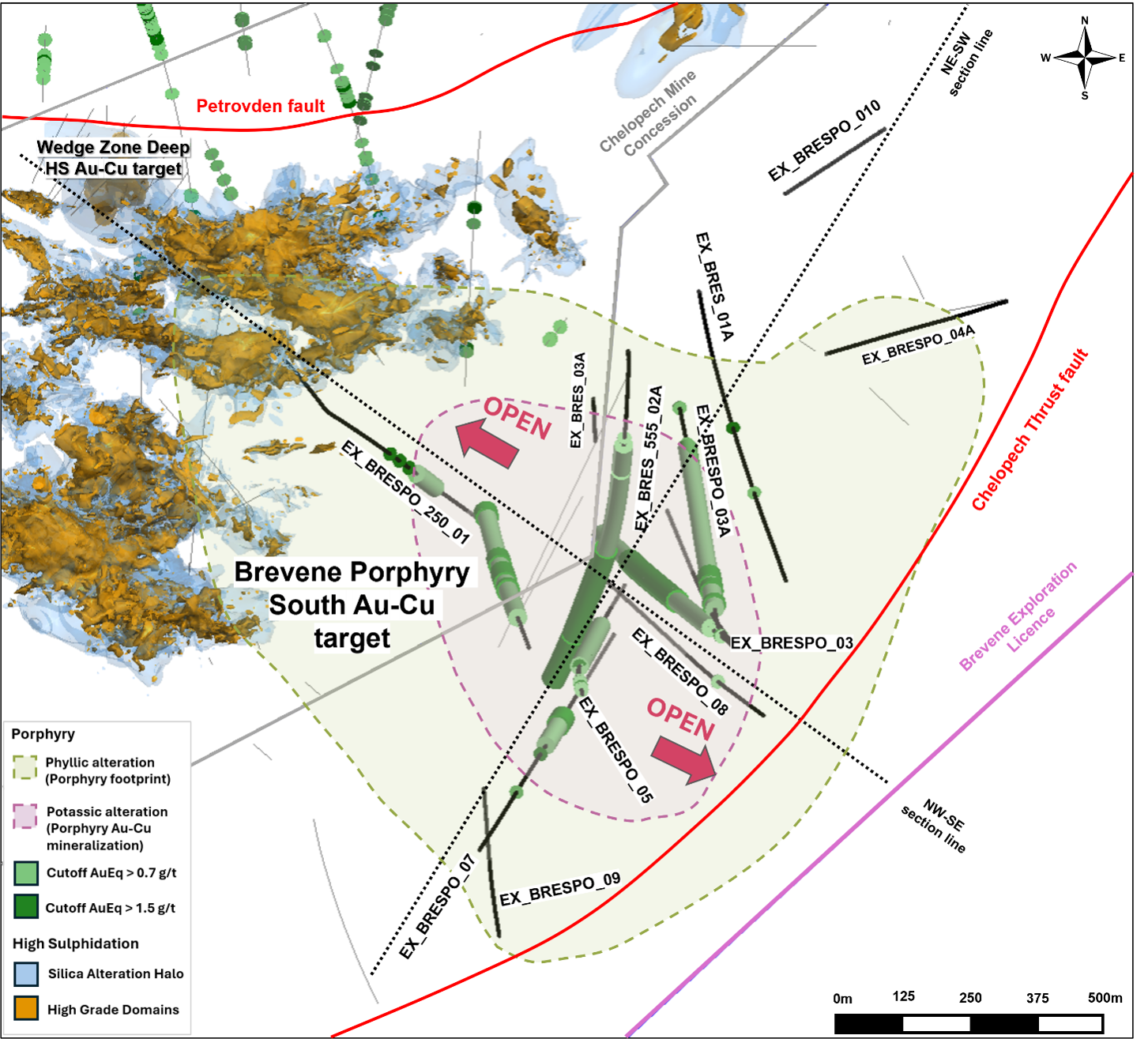 Detailed plan view of the Brevene Porphyry South prospect showing all drillhole intercepts and the interpreted mineralization footprint below -200 mRL, together with the projected silica alteration envelope associated with the high-sulphidation mineralization type. 