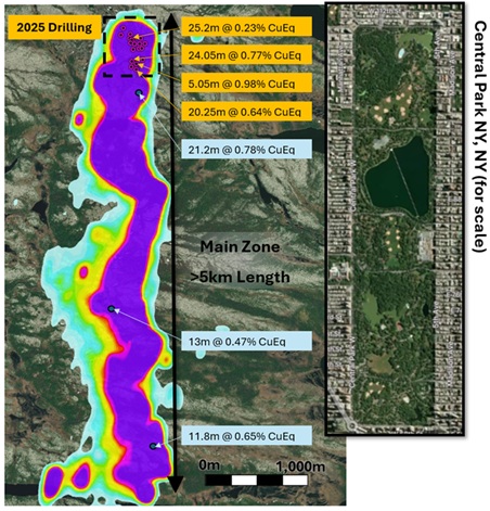 Kraken Main Zone showing select Diamond drill results from 2025 (orange) and previous work (Blue). 