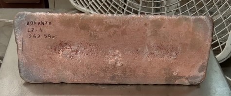A 262.59 oz Gold Silver Dore Bar produced on August 18, 2021 at the Bonanza Mine.  It has been delivered for final refining.