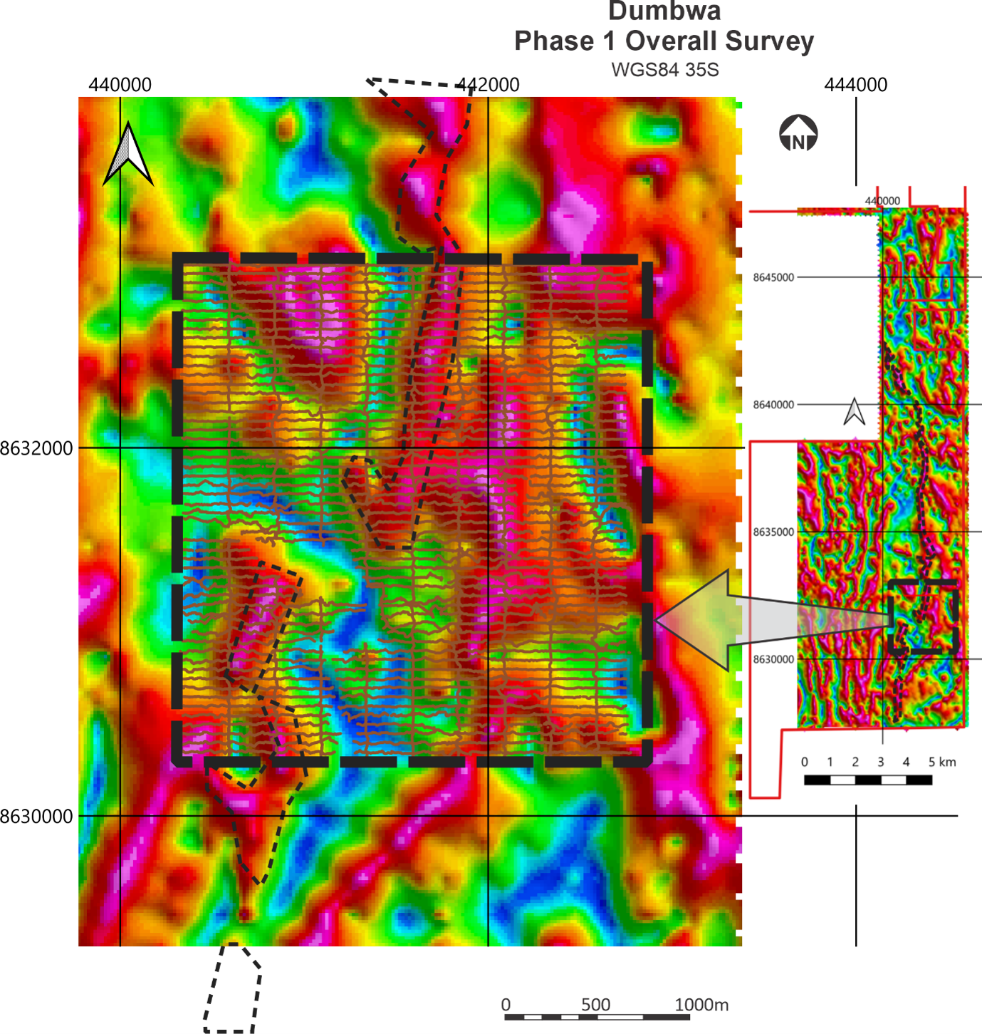 Location of High Resolution Ground Magnetic Survey over the Dumbwa Mineralized Unit. The dashed outline is the magnetic unit identified that relates directly to mineralization.