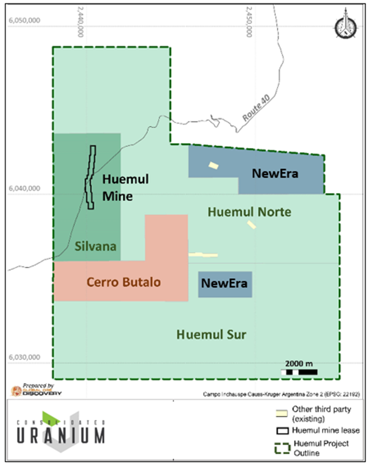 Map showing the various claims and claim applications comprising the Huemul Project in Argentina
