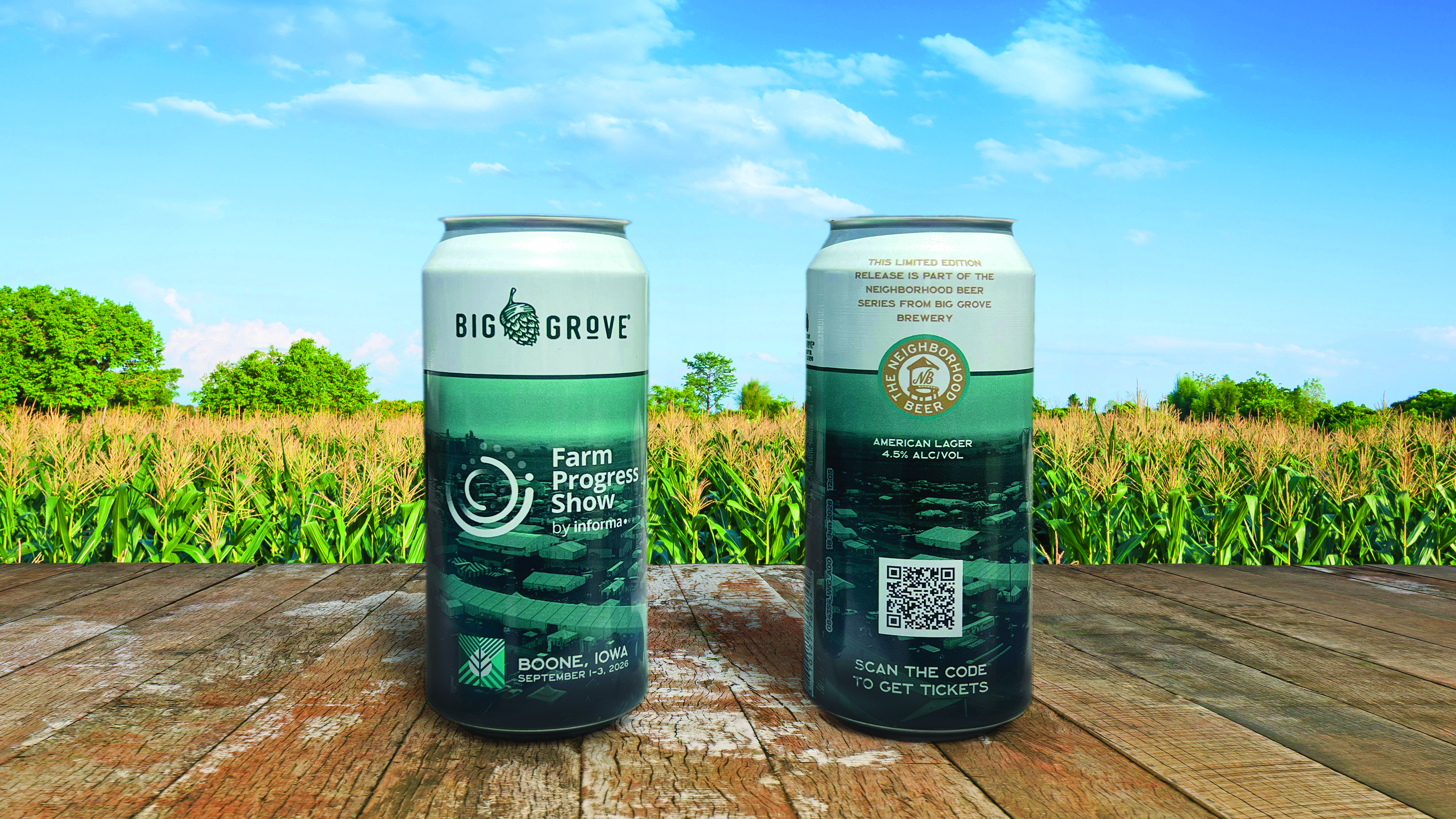 Mockup of Neighborhood Beer can featuring the official partnership between the 2026 Farm Progress Show and Iowa-based Big Grove Brewery.