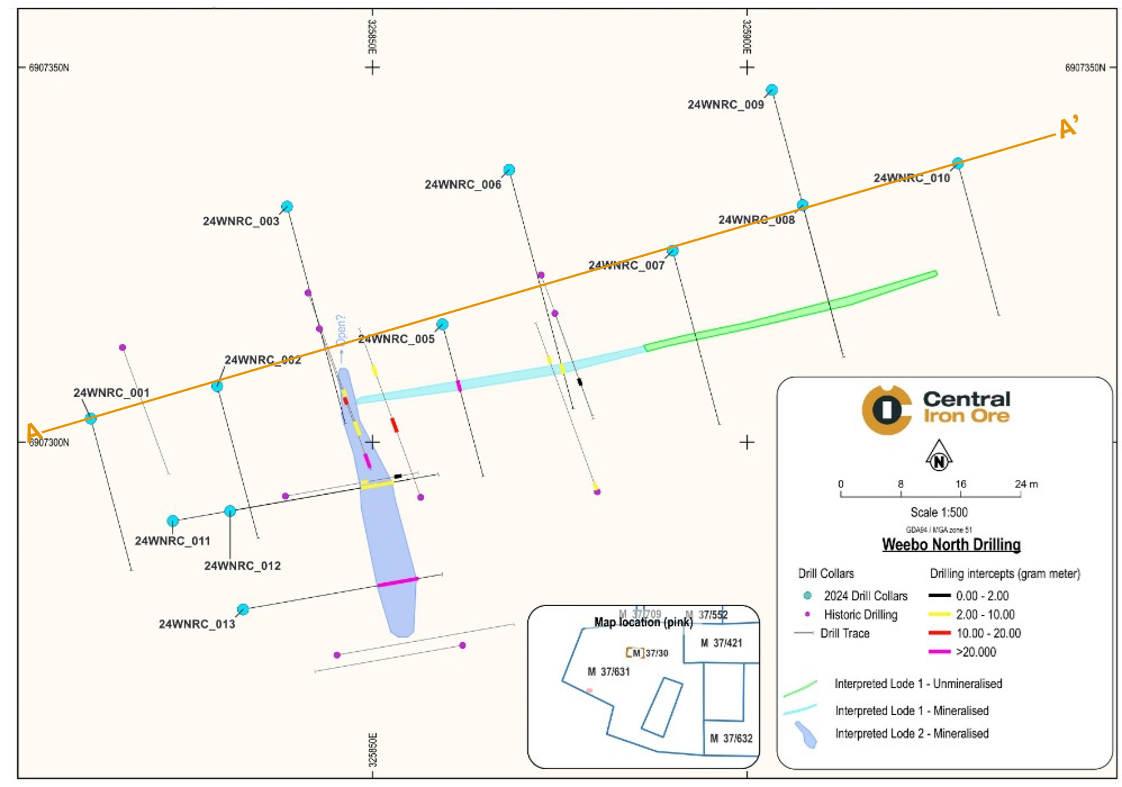 Drill layout for the 2024 Phase 1 and historical drilling at Weebo North.