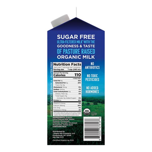 Maple Hill Zero Sugar Organic Whole Milk Nutrition Side Panel
