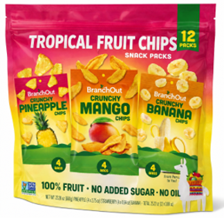 BranchOut Food Tropical Mix multipack featuring Crunchy Pineapple, Mango, and Banana Chips