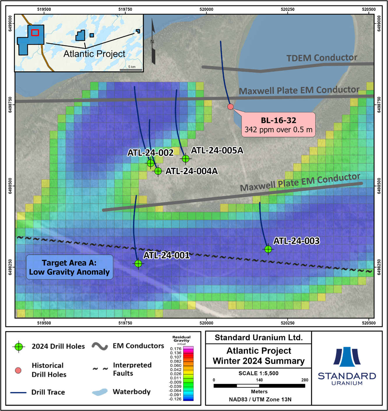 Map of the western Atlantic claim block, highlighting winter 2024 drill holes and historical drill hole BL-16-32. The geophysical target area is defined by a significant residual gravity-low anomaly coinciding with EM conductors dipping to the south.