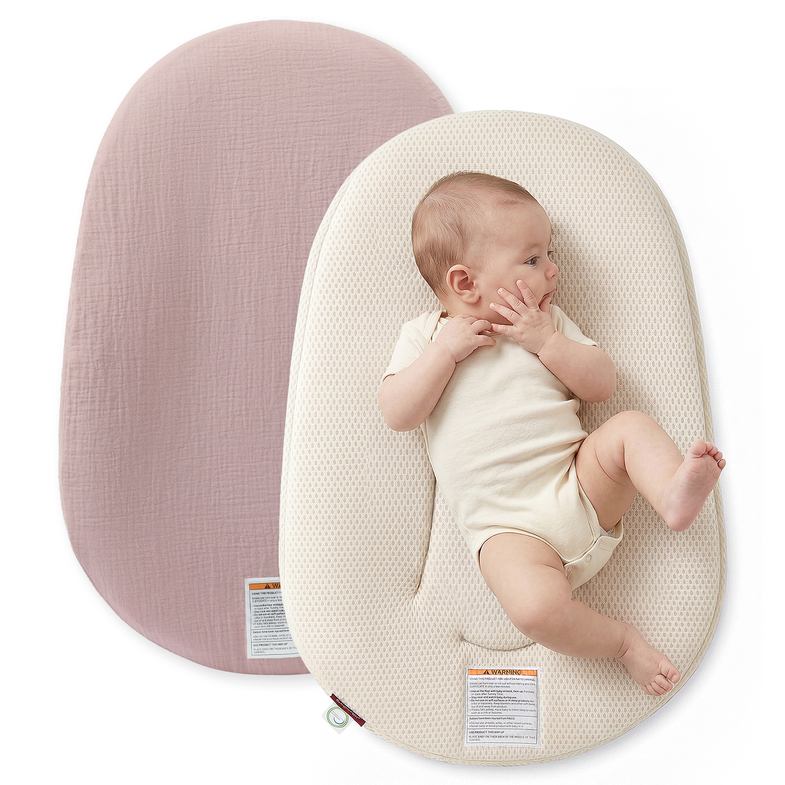 Baby lying comfortably on Momcozy Baby Lounger with Ergo-Embrace support