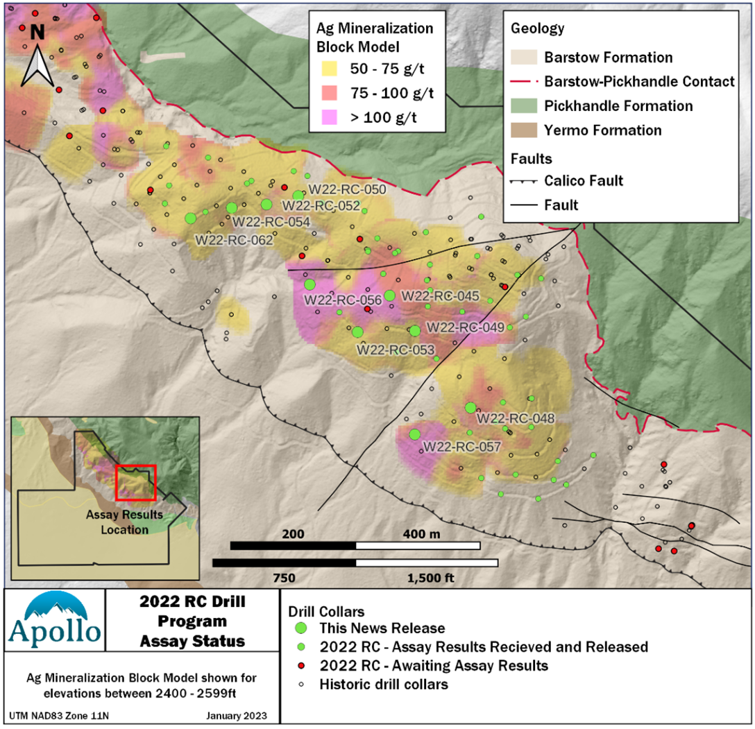 Locations of drill hole collars for results reported January 9, 2023, for Phase 2 of the Calico Project 2022 Drill Program