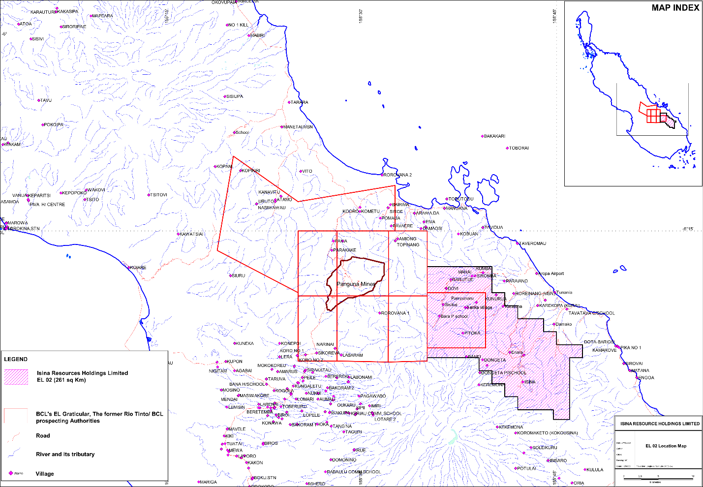 Map of Central Bougainville Showing Historic Panguna Licenses and EL02