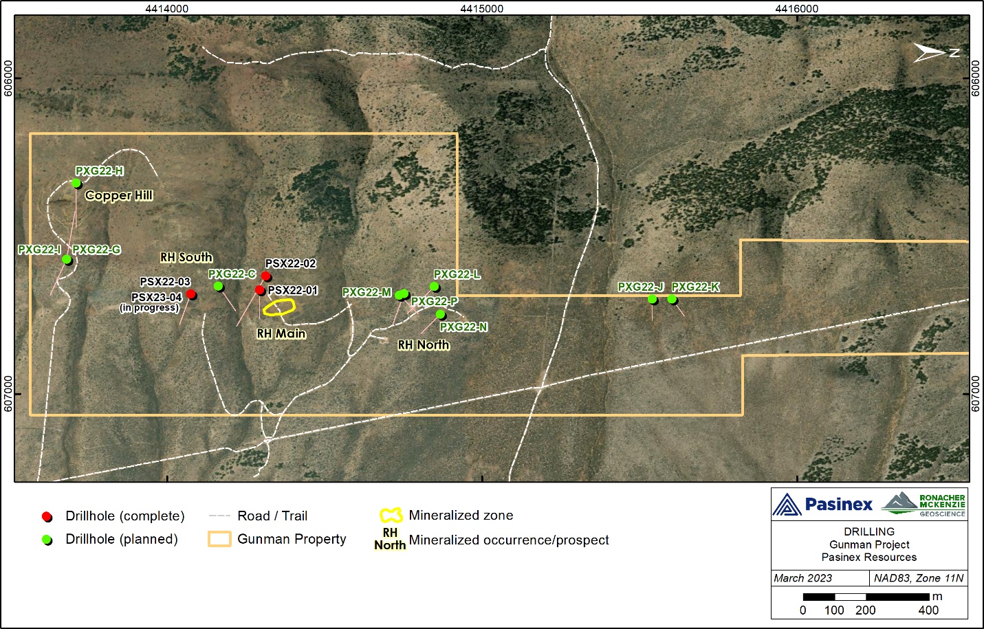 A map with a key showing 2022-2023 planned drilling for the Gunman property.