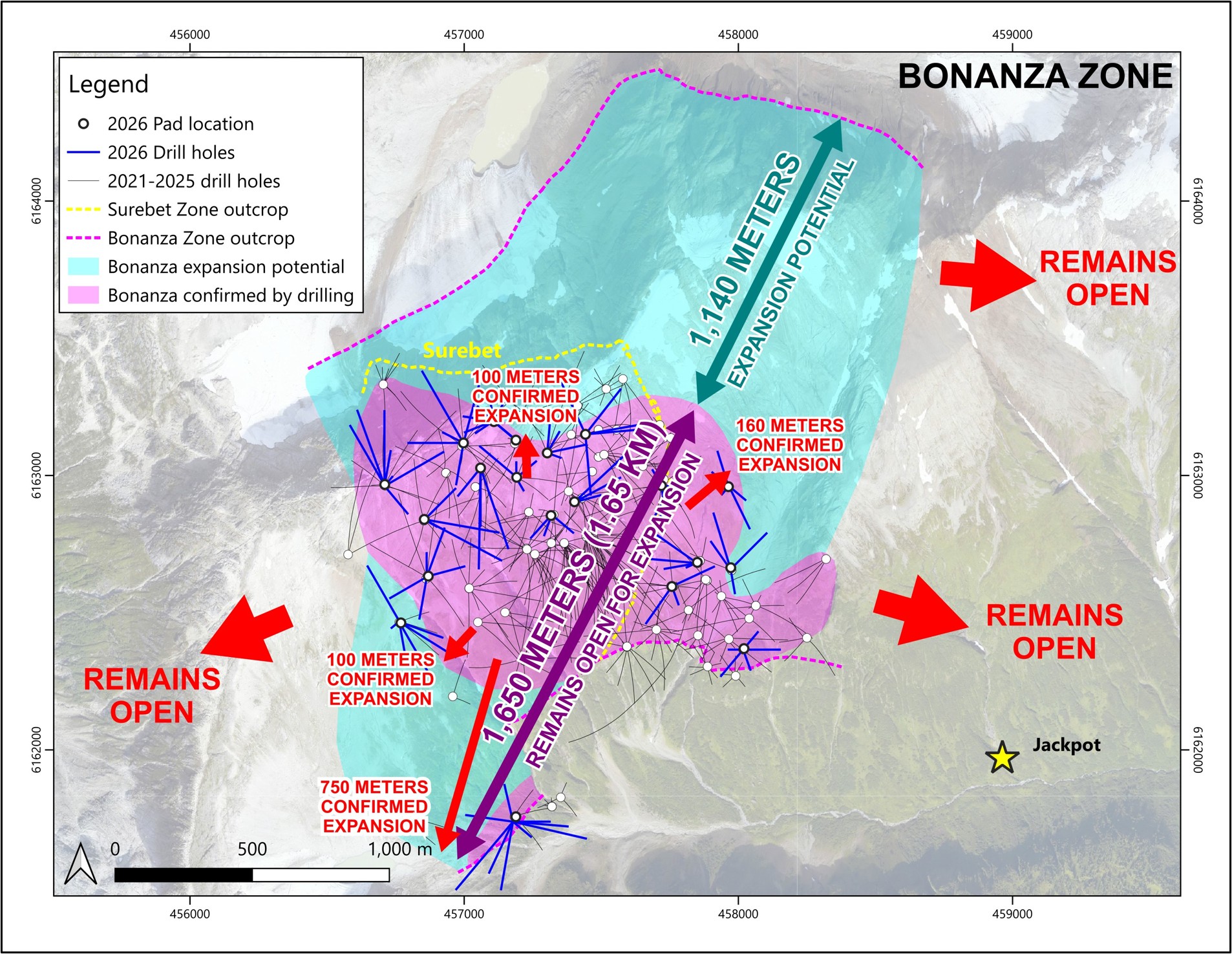 Plan view map highlighting the expansion of the Bonanza Zone thus far in 2026.
