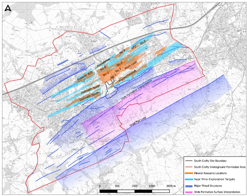 Plan view of existing South Crofty Mineral Resource envelopes (orange), near mine Exploration Targets (light blue) and wider mineralised and mined structures with exploration areas (dark blue, pink) identified within the South Crofty underground permission boundary.