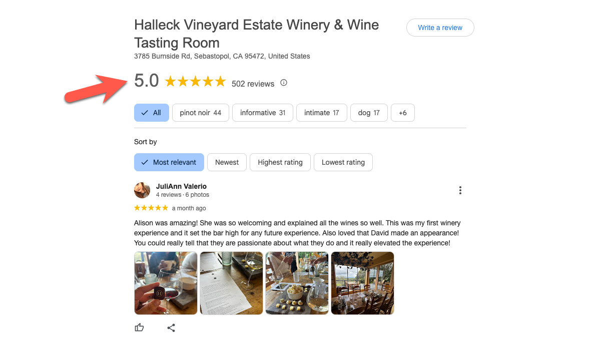 Becomes only winery in Sonoma or Napa with more than 500 reviews and perfect 5-star rating