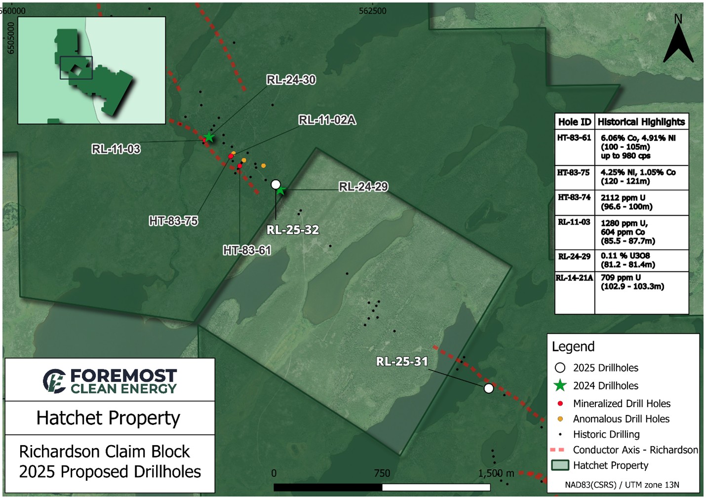 Figure 3 – Richardson Claim Block - 2025 drill hole locations and historical results. 