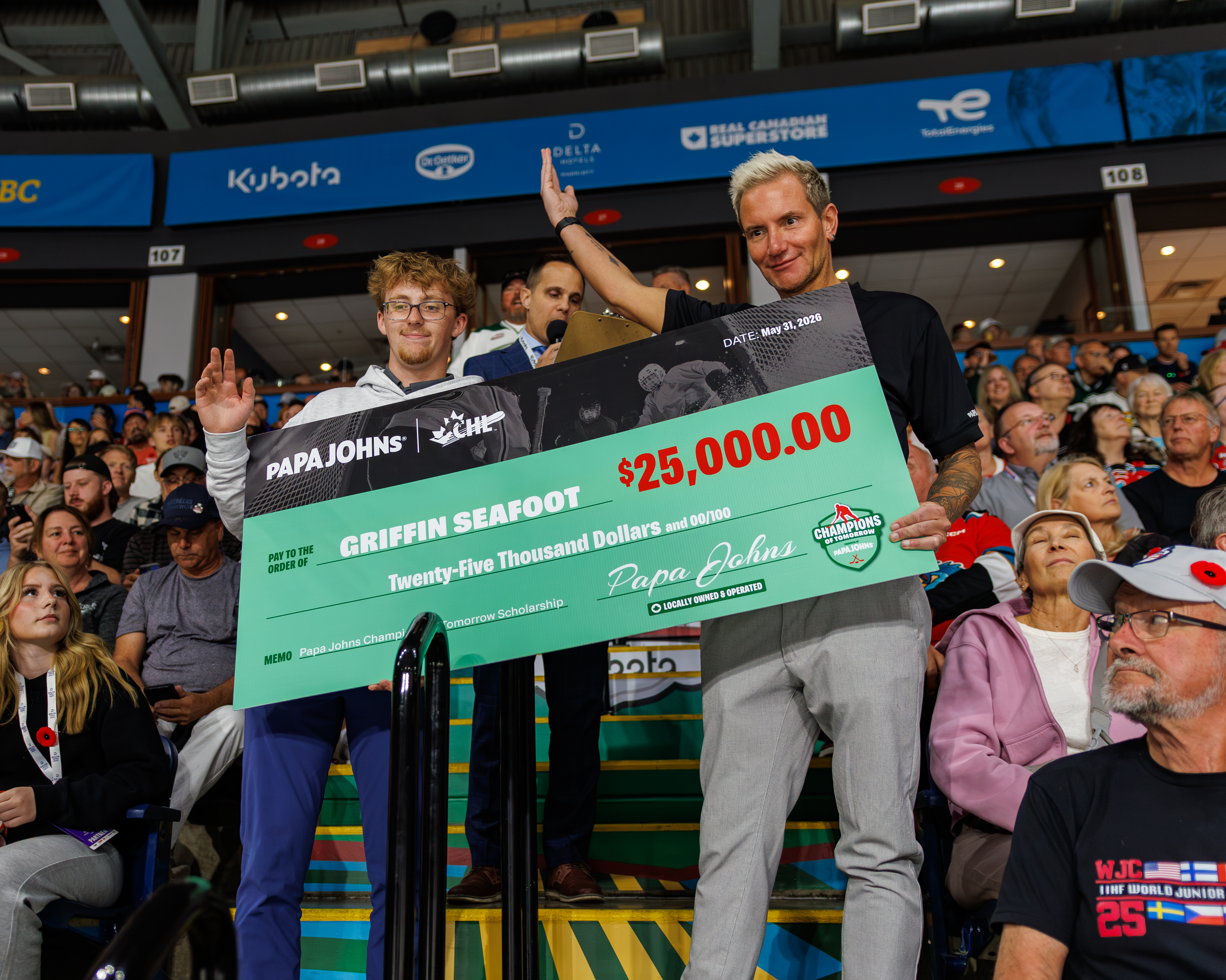 Kamloops Student-Athlete Awarded $25,000 Champions of Tomorrow Scholarship at Memorial Cup. Papa Johns Canada and CHL honour Kamloops goaltender Griffin Seafoot.