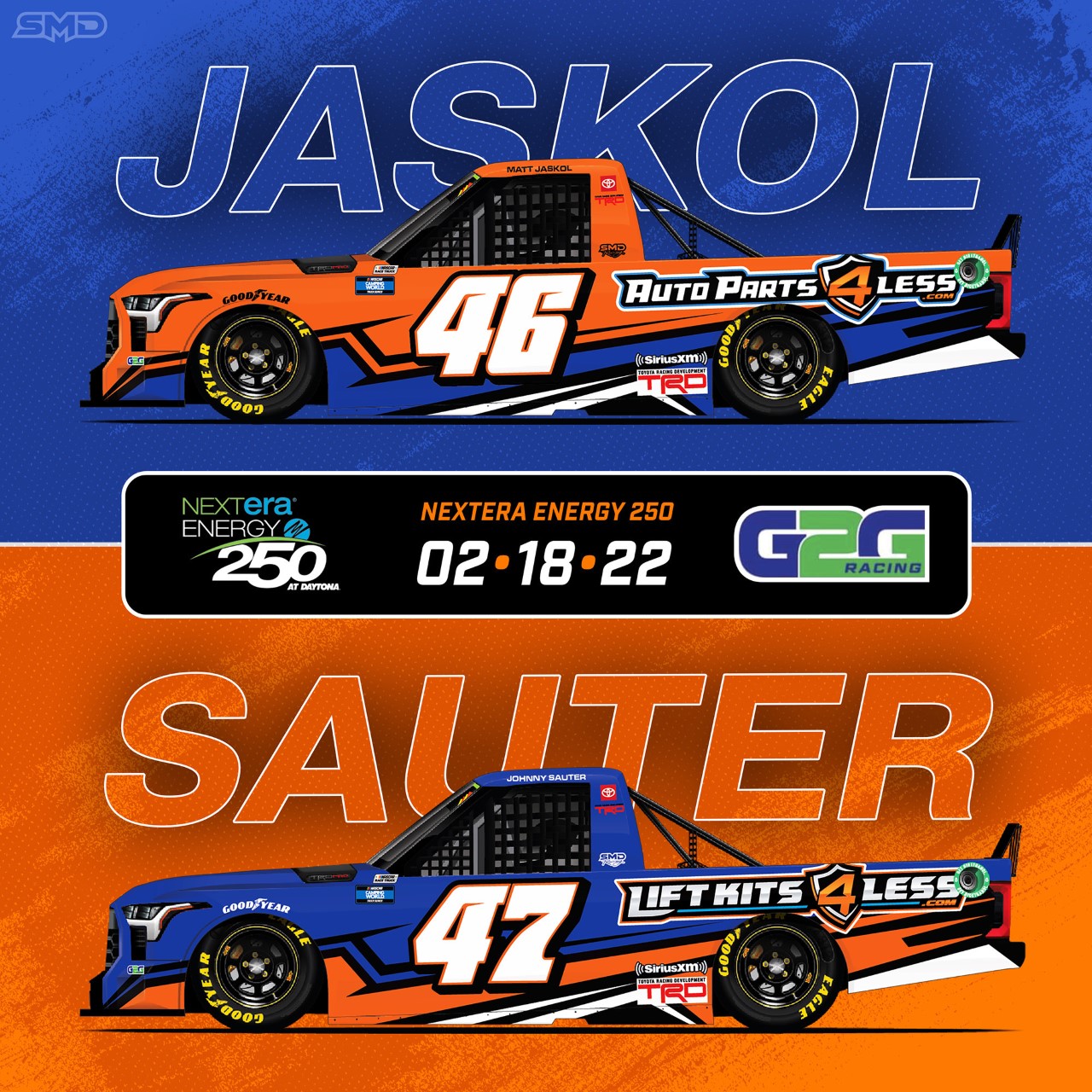 2016 NCWTS Champion Johnny Sauter driving the #47 LiftKits4Less.com Truck and Multi-Sport Athlete Matt Jaskol driving the #46 AutoParts4Less.com Truck