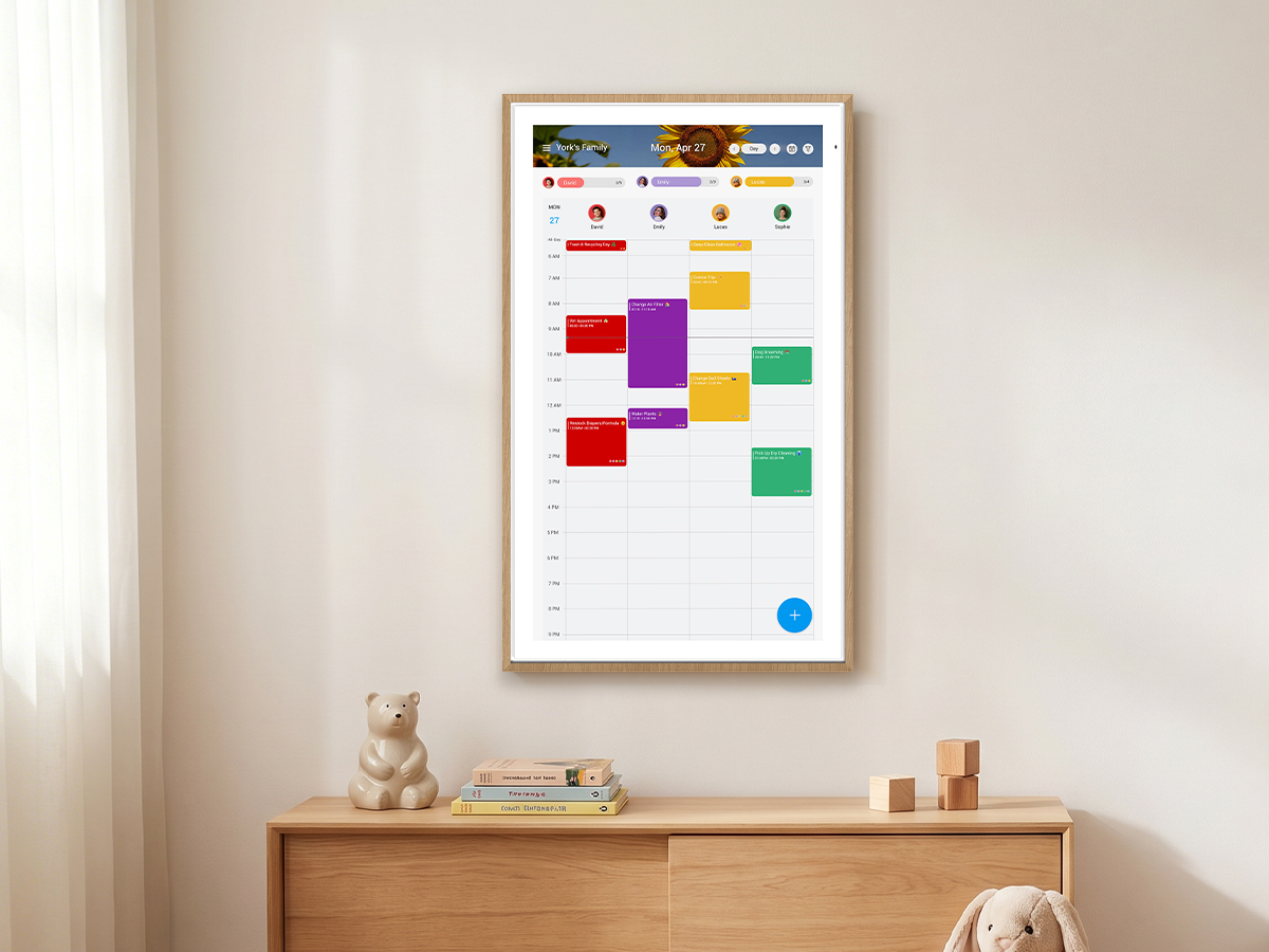 Apolosign Digital Calendar displaying all family schedules in one view with color-coded events for each member