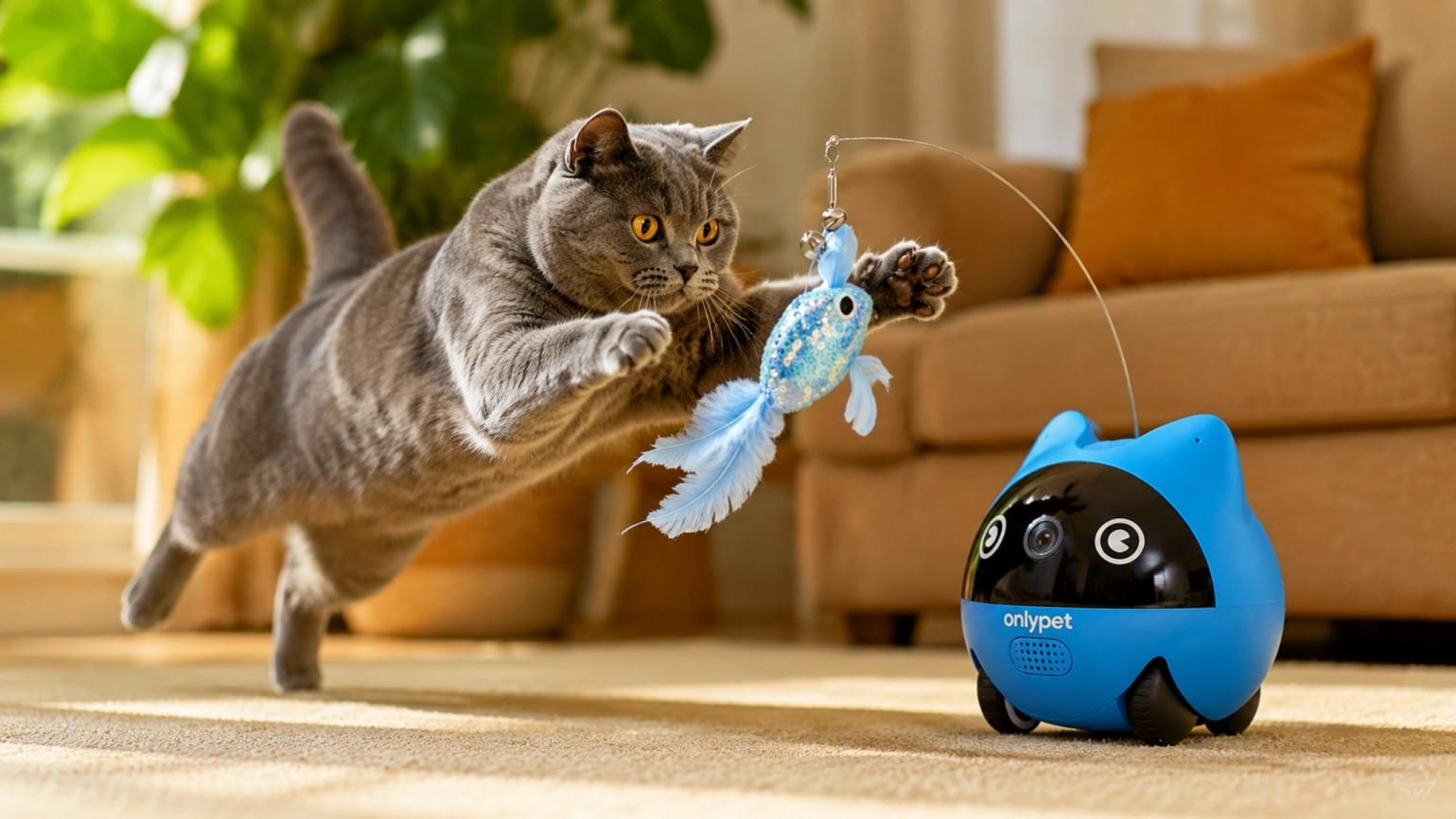 A cat pounces on an interchangeable fish-shaped teaser wand during physical play with the OnlyPet Pet Companion Robot.