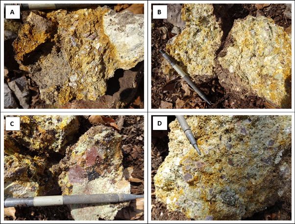 (A), (B), (C) & (D): Examples of smectite ± zeolite altered rhyolite pyroclastic rocks which were excavated from the probable medieval exploration gallery waste dump. 