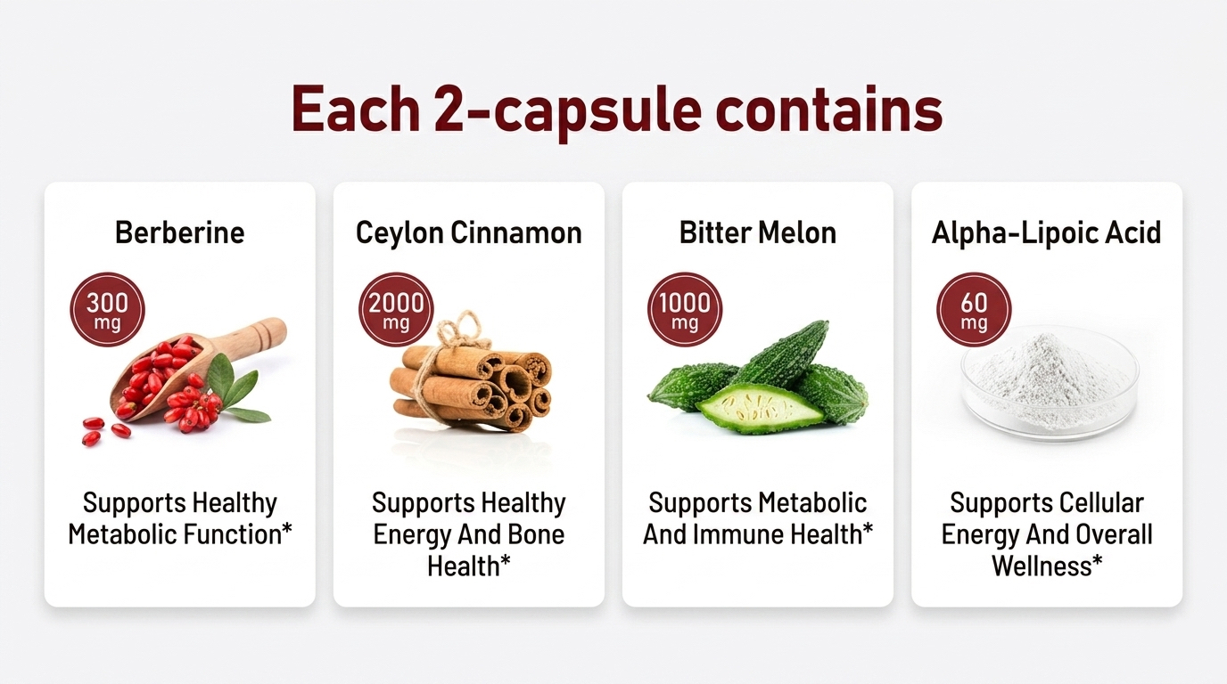 HiWell Absorfyx formula per 2 capsules Berberine 300mg  Ceylon Cinnamon 2000mg, Bitter Melon, Alpha-Lipoic Acid for metabolic wellness.