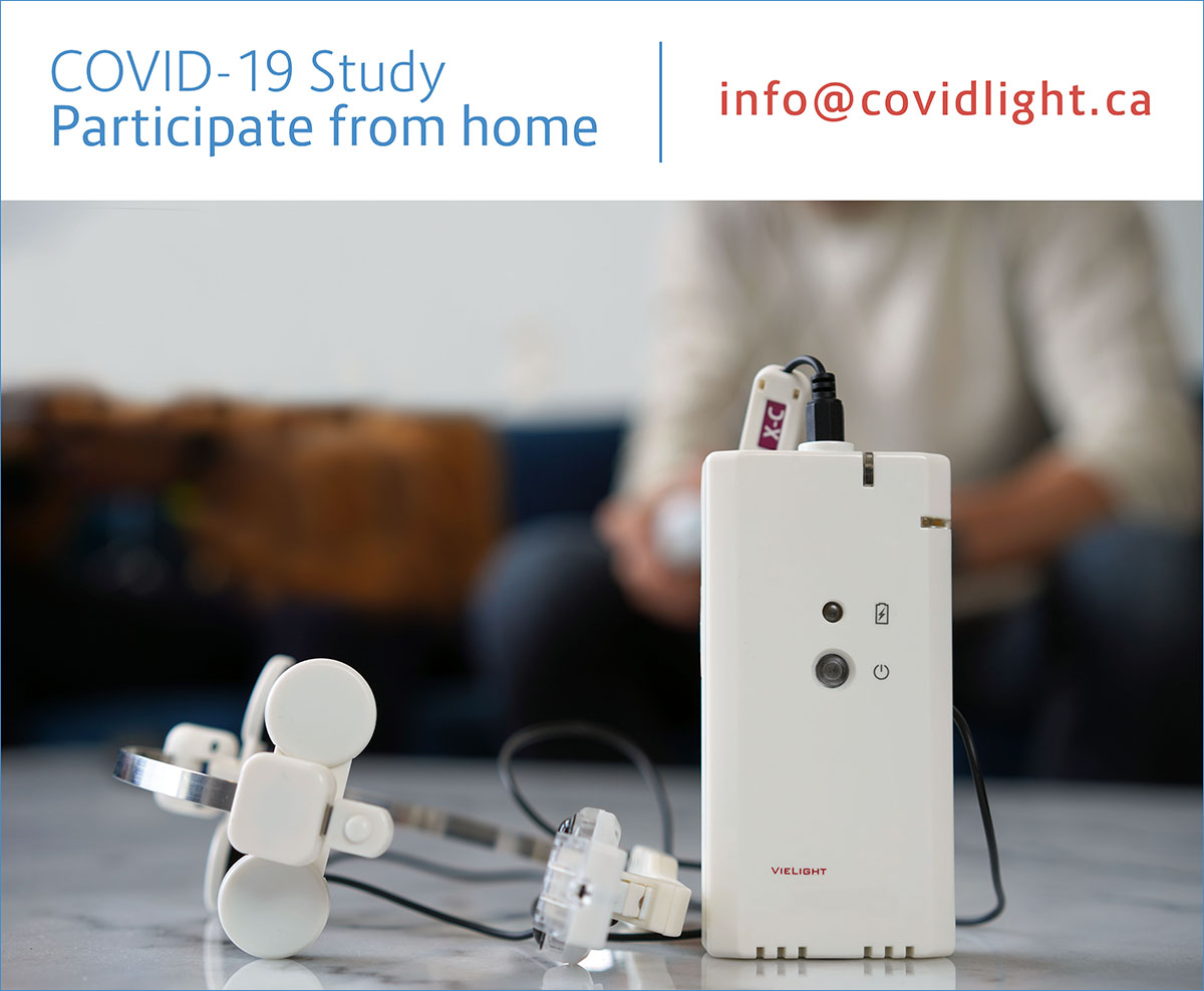 The Vielight RX-Plus photobimodulation (PBM) device. The RX-Plus device employs two LED modules which emit red and near infrared (NIR) light. This home-use device is investigated as a non-invasive therapy for COVID-19 patients in the just announced clinical trial. 