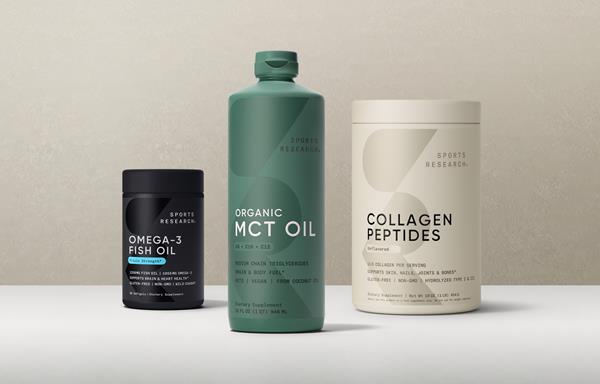 Sports Research Top Products hero shot of Collagen Peptides, Organic MCT Oil, and Omega-3 Fish Oil