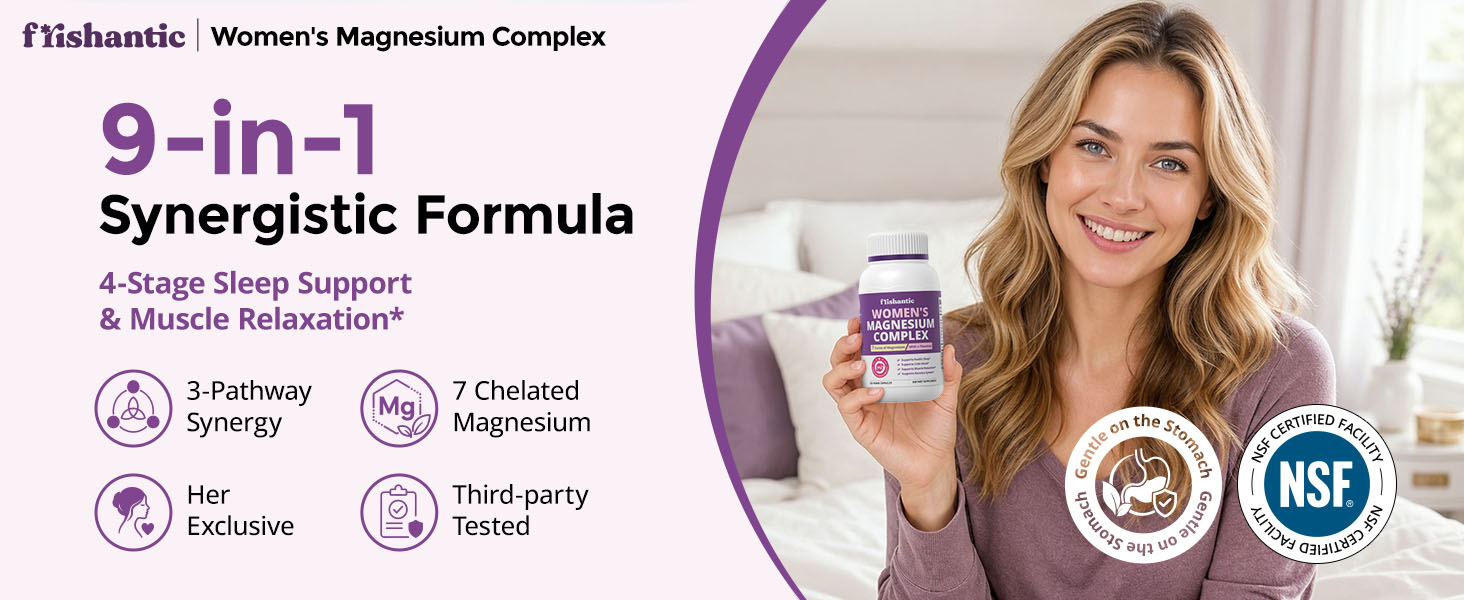 Frishantic Women's Magnesium Complex banner, 9-in-1 calm & muscle relaxation supplement for women