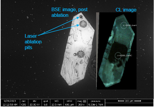 Back scatter electron and cathodoluminescence image of a single zircon grain from Red Mountain pluton exhibiting metamict and REE enriched cores.