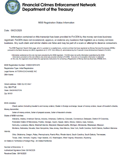 Axtorin Exchange Completes U.S. MSB Registration With FinCEN, Advancing Its Global Compliance Framework