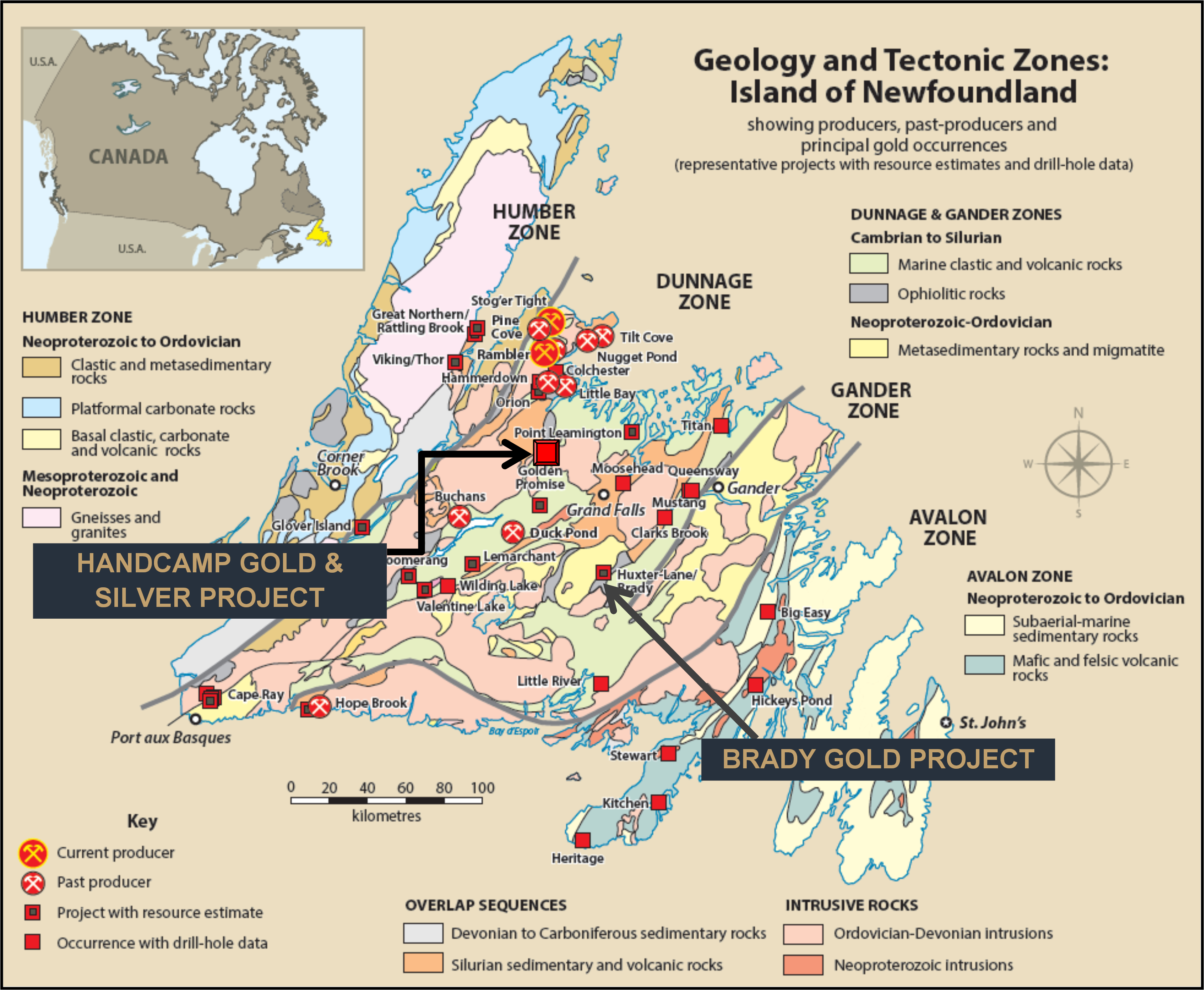 Location of the Handcamp Gold & Silver Property and also the Companys Brady Gold Property. Map is adapted from a Newfoundland government pamphlet entitled: GOLD and dated February 2021.