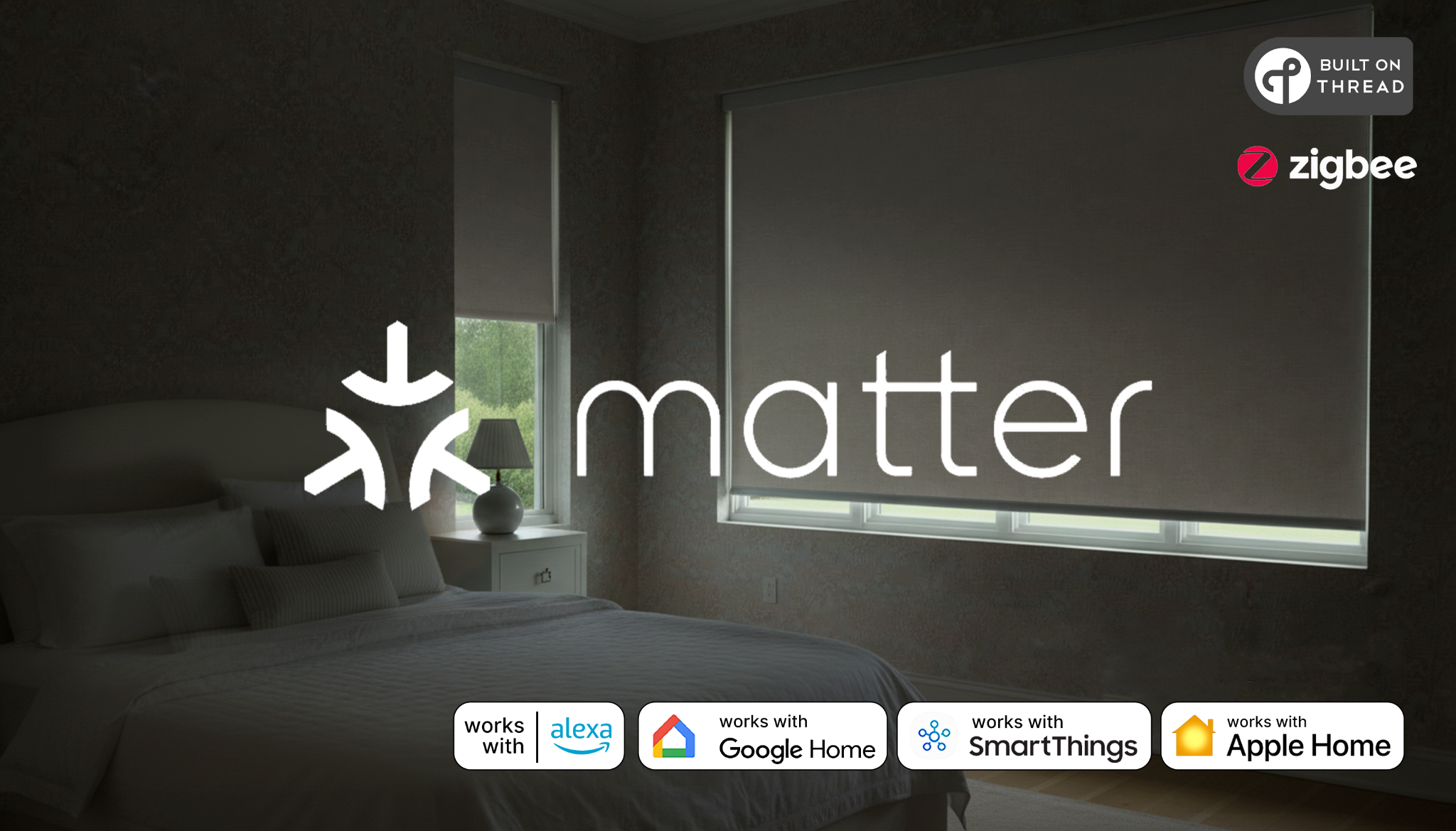 Dark bedroom featuring motorized blackout shades with Matter, Zigbee, and smart home compatibility icons displayed