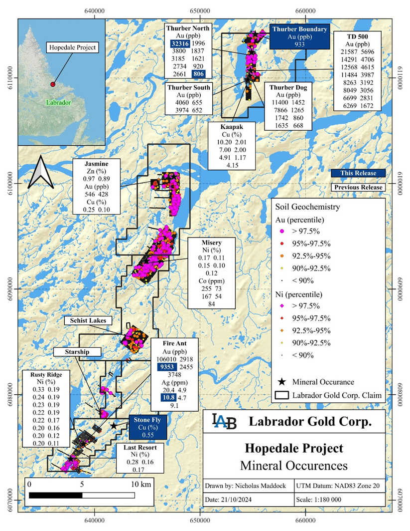 Location of the nickel, copper, gold and zinc occurrences on the Hopedale Property.