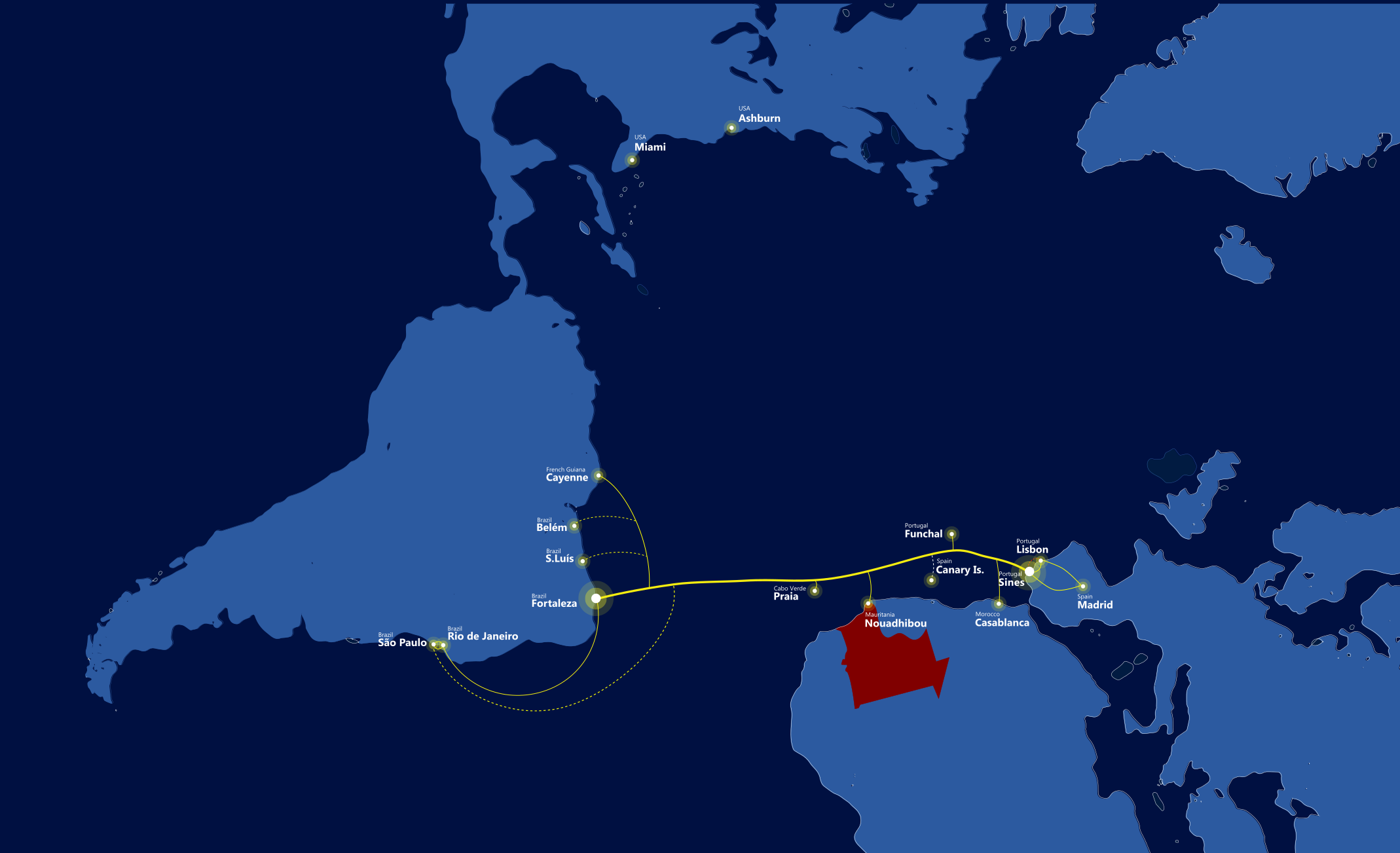 Representation of the EllaLink network map with the identification of the Mauritania Country area 