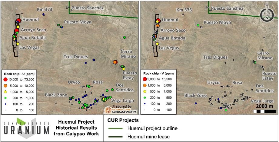 Map showing historic Uranium and Vanadium rock geochemistry anomalies, Huemul Project