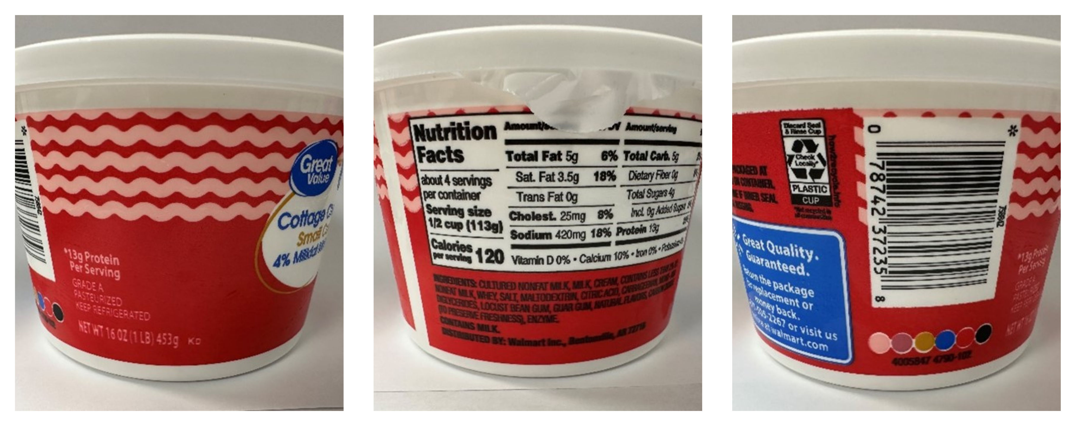 16 oz. container Great Value Small Curd Cottage Cheese – 4% milkfat minimum