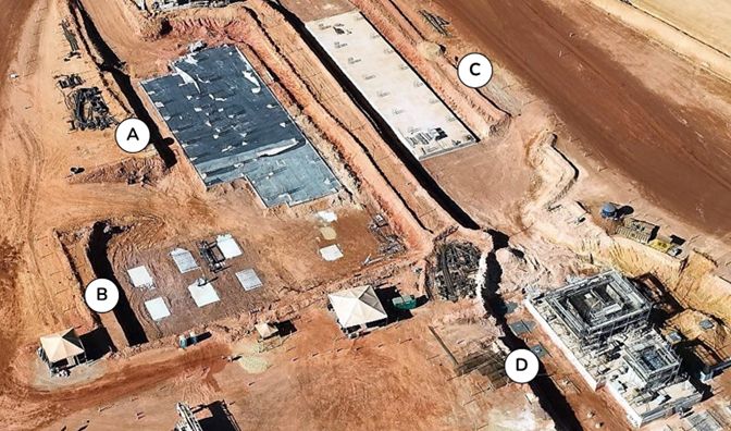 Civil works underway on the Tucumã Project's future process plant, including (A) rougher and cleaner flotation cells, (B) Jameson cells, (C) pyrite flotation, and (D) ball mill (July 2023).