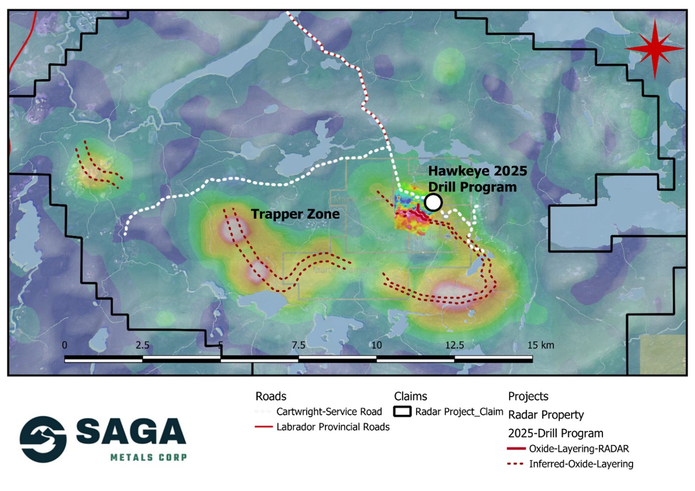 The prospective inferred ~20km aerial oxide layering zone on the Radar property. Compilation of analytical geophysics as acquired from historical sources, which SAGA has proven confidence in after the 2024 field programs.