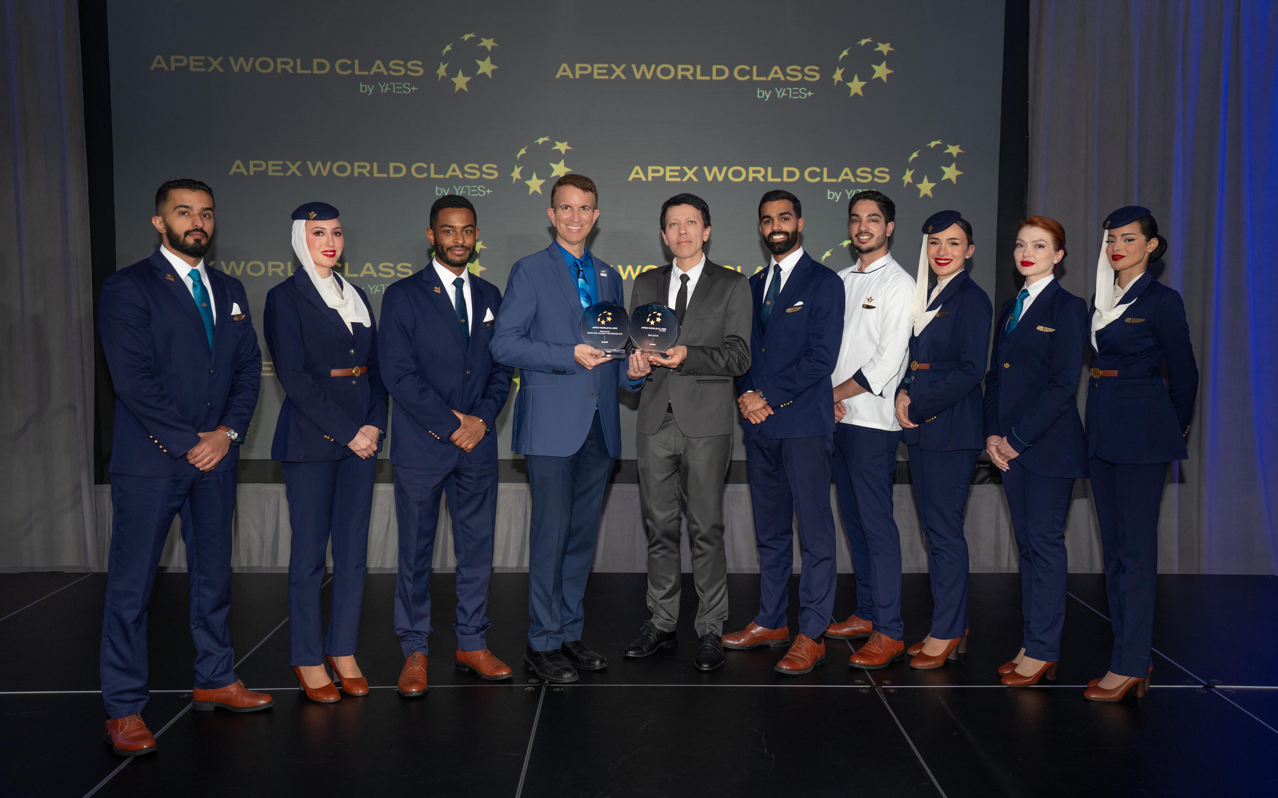 Saudia team accepting award for being recognized as an APEX WORLD CLASS™ airline for 2026, marking the fifth consecutive year that the airline has received this prestigious distinction.