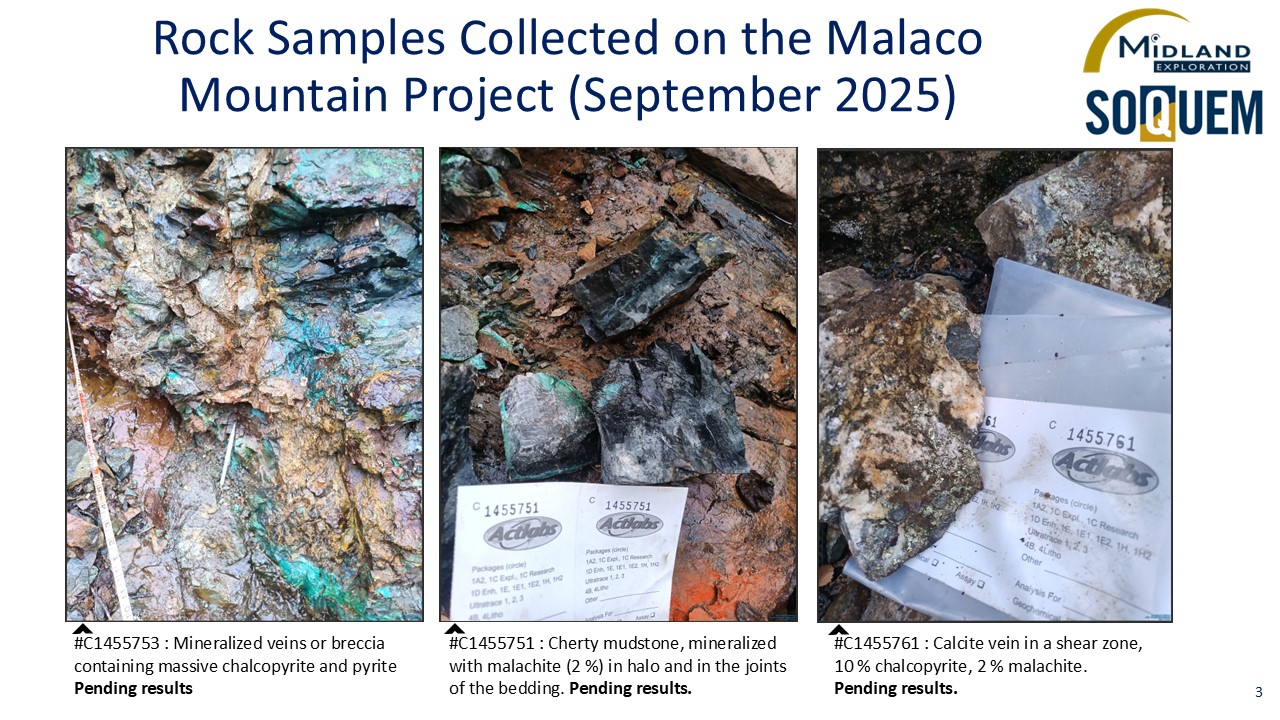 Figure 3 Rock Samples Collected on the Malaco Mountain Project (September 2025)