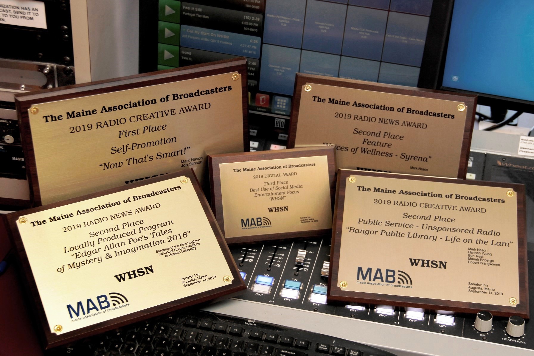 Awards given to WHSN 89.3 FM included productions in the following categories:

•	Best Self Promotion – 1st Place 
•	Best Locally Produced Program - 2nd Place
•	Best Feature – 2nd Place
•	Best Public Service Announcement, Unsponsored Radio - 2nd Place
•	Best Social Media - Entertainment Focus – 3rd Place

Five award plaques were presented to WHSN in recognition of these achievements. The station will proudly hang these plaques on a wall in the Wildey Communications Center - the home of the New England School of Communications at Husson University.

