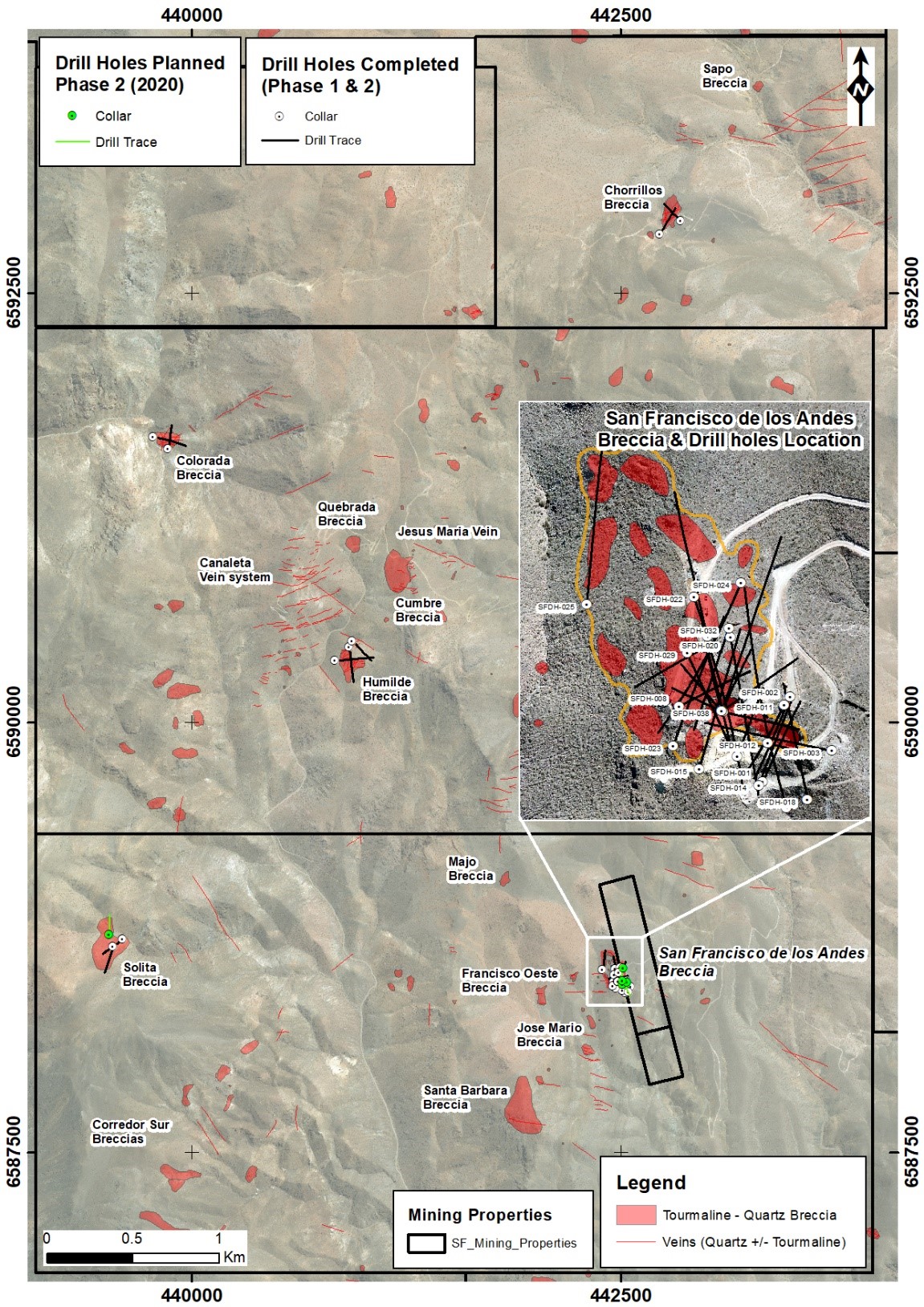 San Francisco tenements with main breccias and locations of Phase 2 drill holes. To date over 60 tourmaline breccias and veins have been mapped in the project area. Drilling during 2020 tested the San Francisco de Los Andes (SFdLA), Chorrillos, Humilde, Solita and Colorada breccias. Drilling at SFdLA has thus far focused on the south-east corner of a composite breccia body.