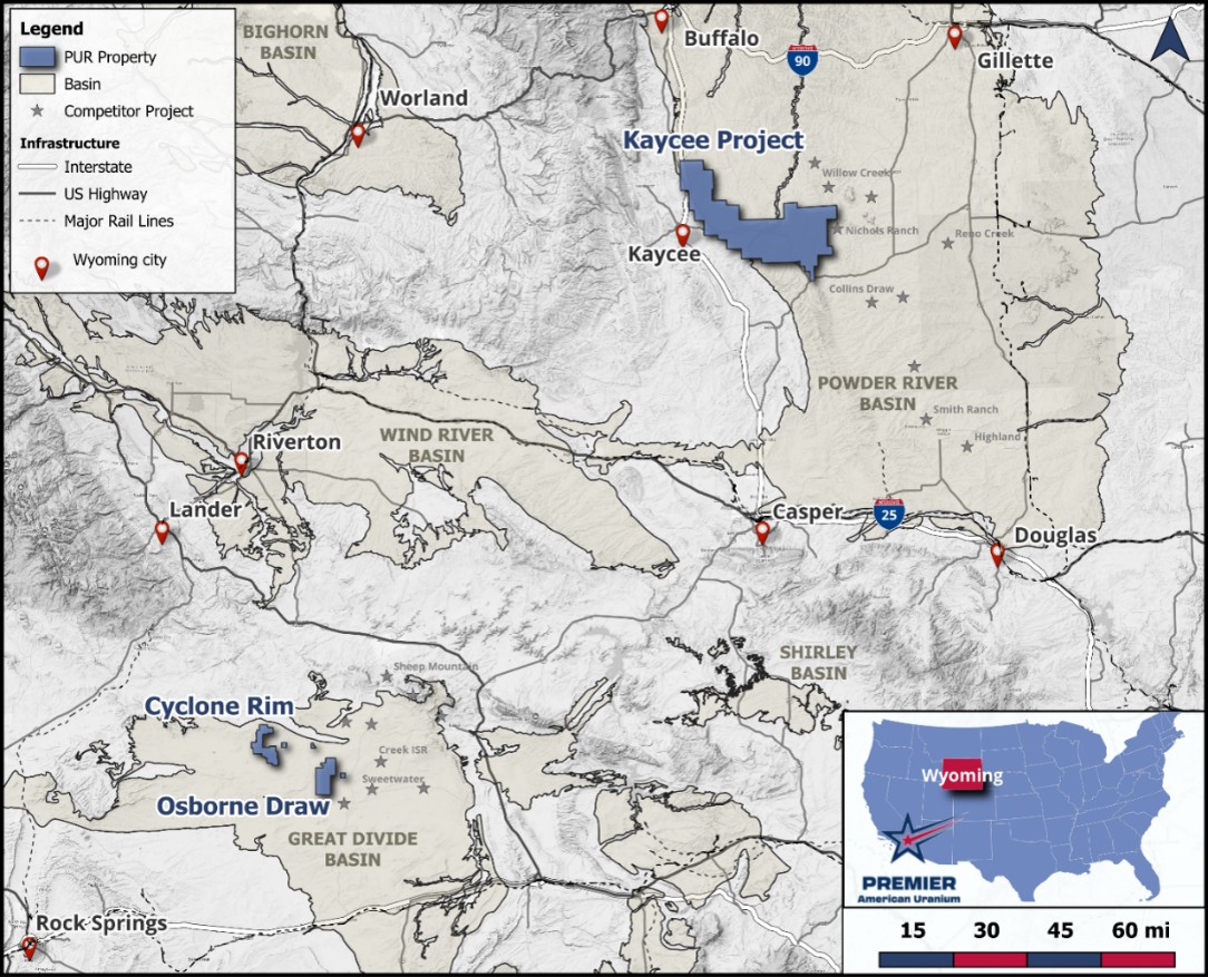 PUR’s Wyoming exploration portfolio, highlighting the Kaycee Project in the Powder River Basin and the Cyclone Project in the Great Divide Basin. Active exploration is currently underway at both projects