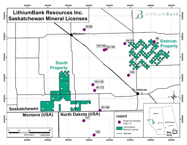 Map of LithiumBank’s South and Estevan Projects showing recent lithium brine sample results.