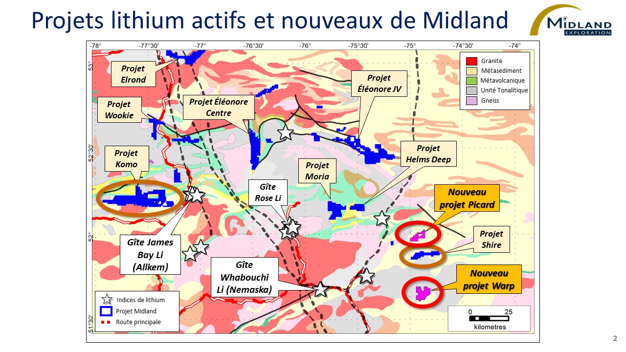 Figure 2 Projets lithium actifs et nouveaux de Midland
