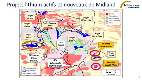 Figure 2 Projets lithium actifs et nouveaux de Midland
