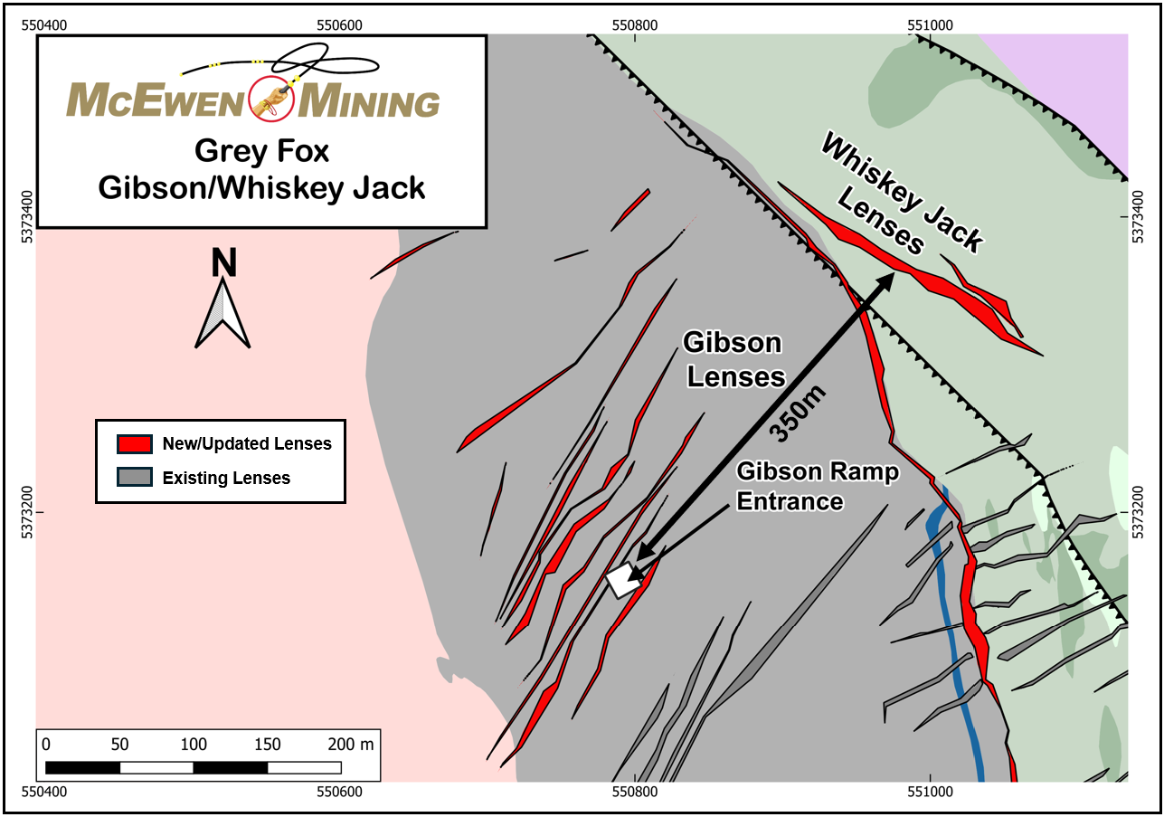 Figure 3. Zoomed in Plan View Map for the Gibson & Whiskey Jack Zones at Grey Fox, Showing New  (Red) and Existing (Grey) Lenses.