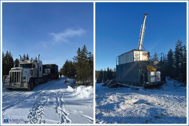 The diamond drill rig being delivered to the Atlantic project and set up on the first drill hole collar of the winter 2024 program.