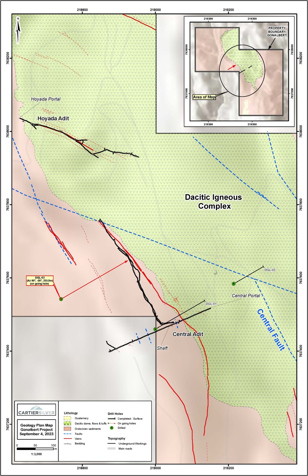 Geology Plan Map of Gonalbert Property Showing Locations of Diamond Drill Holes and Artisanal Mine Workings